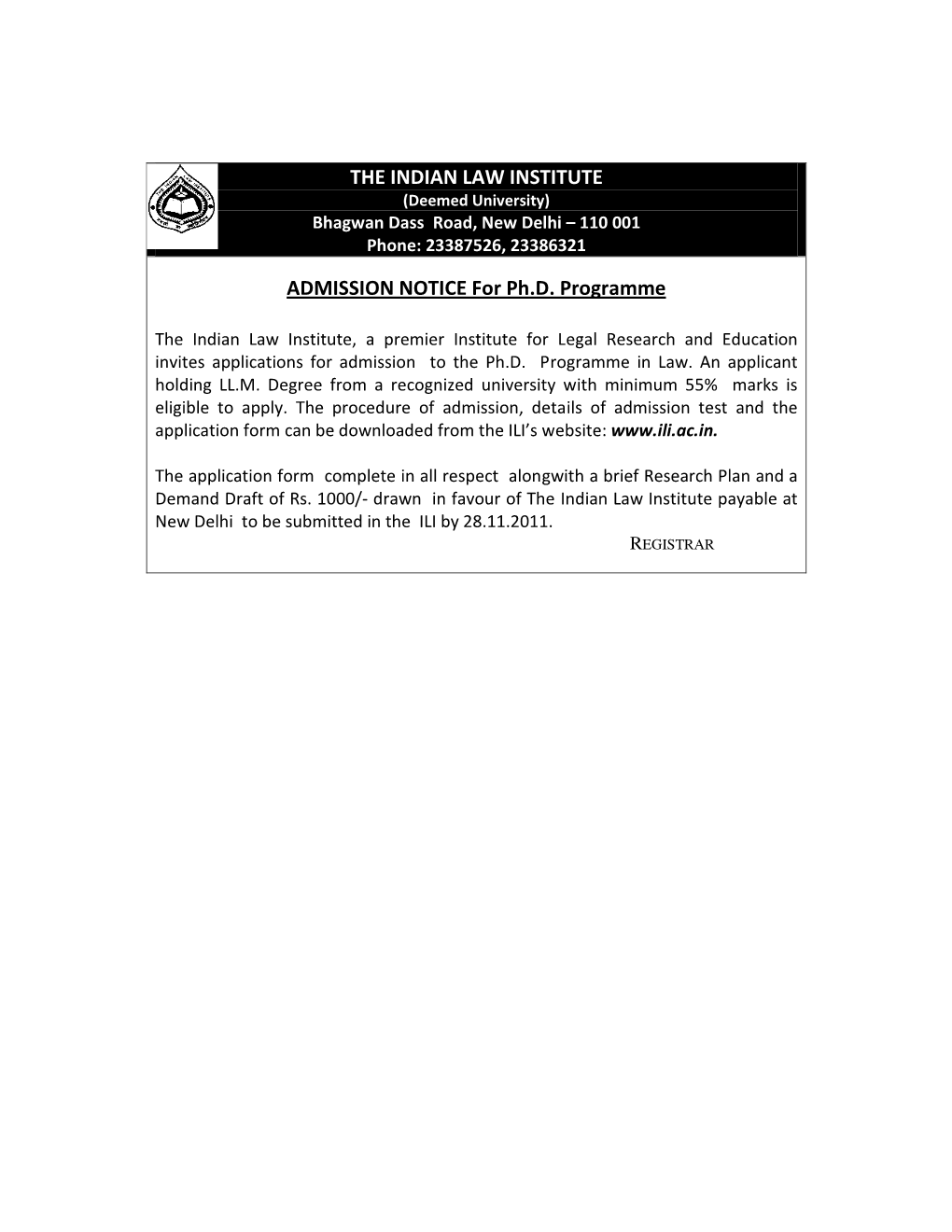 THE INDIAN LAW INSTITUTE ADMISSION NOTICE for Ph.D