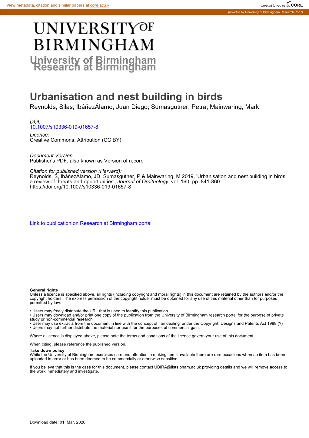 Urbanisation and Nest Building in Birds Reynolds, Silas; Ibáñezálamo, Juan Diego; Sumasgutner, Petra; Mainwaring, Mark
