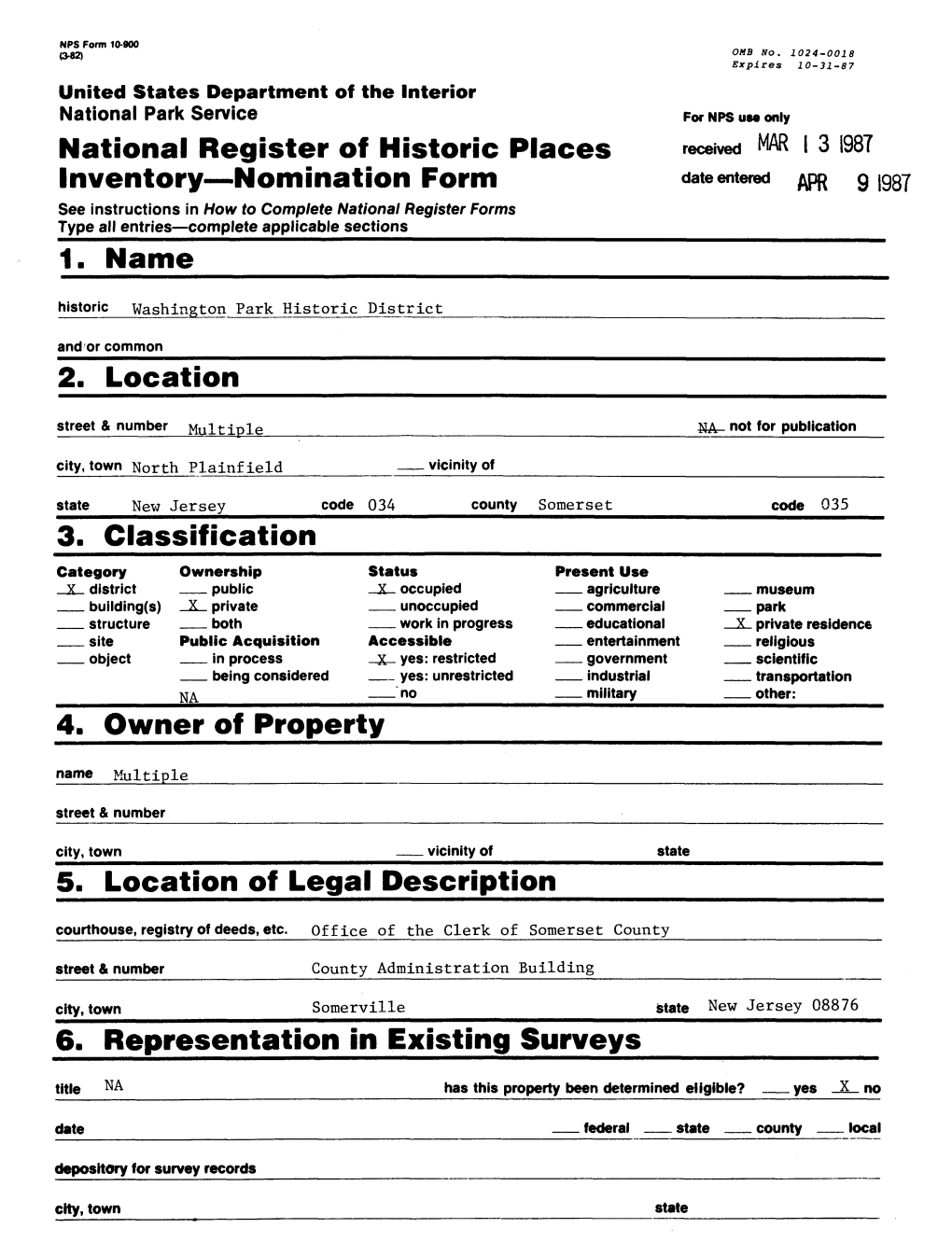 National Register of Historic Places Inventory—Nomination Form Washington Park HD, N