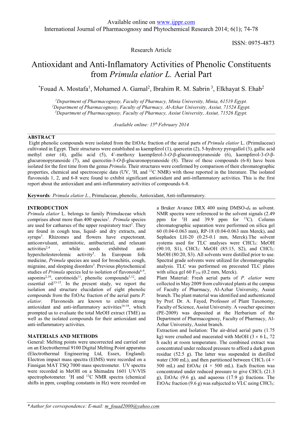 Antioxidant and Anti-Inflamatory Activities of Phenolic Constituents from Primula Elatior L. Aerial Part