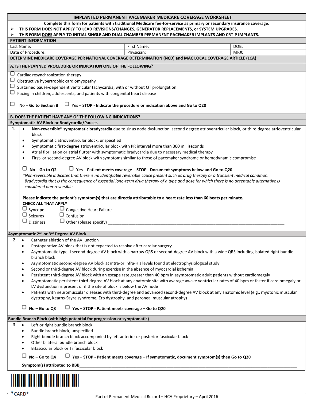 Implanted Permanent Pacemaker Medicare Coverage Worksheet