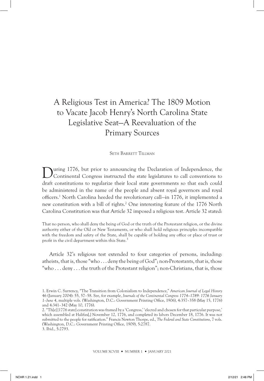 A Religious Test in America? the 1809 Motion to Vacate Jacob Henry’S North Carolina State Legislative Seat—A Reevaluation of the Primary Sources