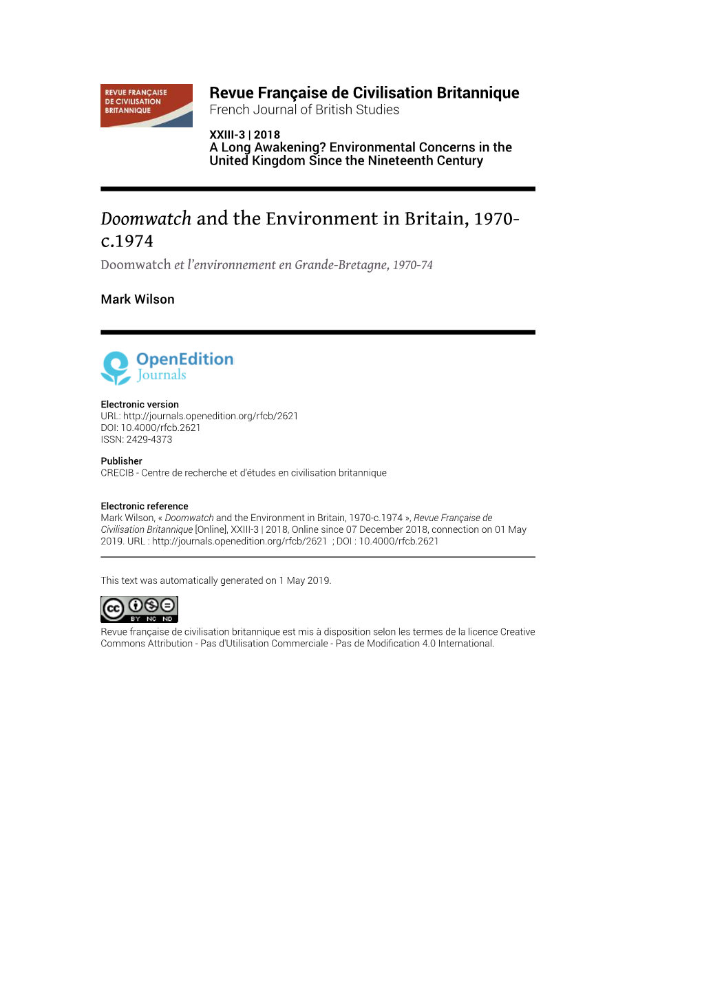 Doomwatch and the Environment in Britain, 1970- C.1974 Doomwatch Et L’Environnement En Grande-Bretagne, 1970-74