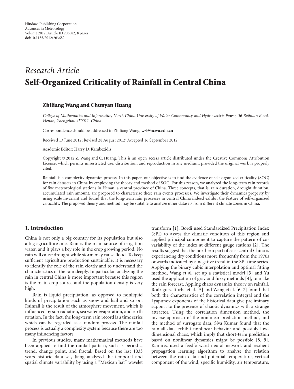Self-Organized Criticality of Rainfall in Central China