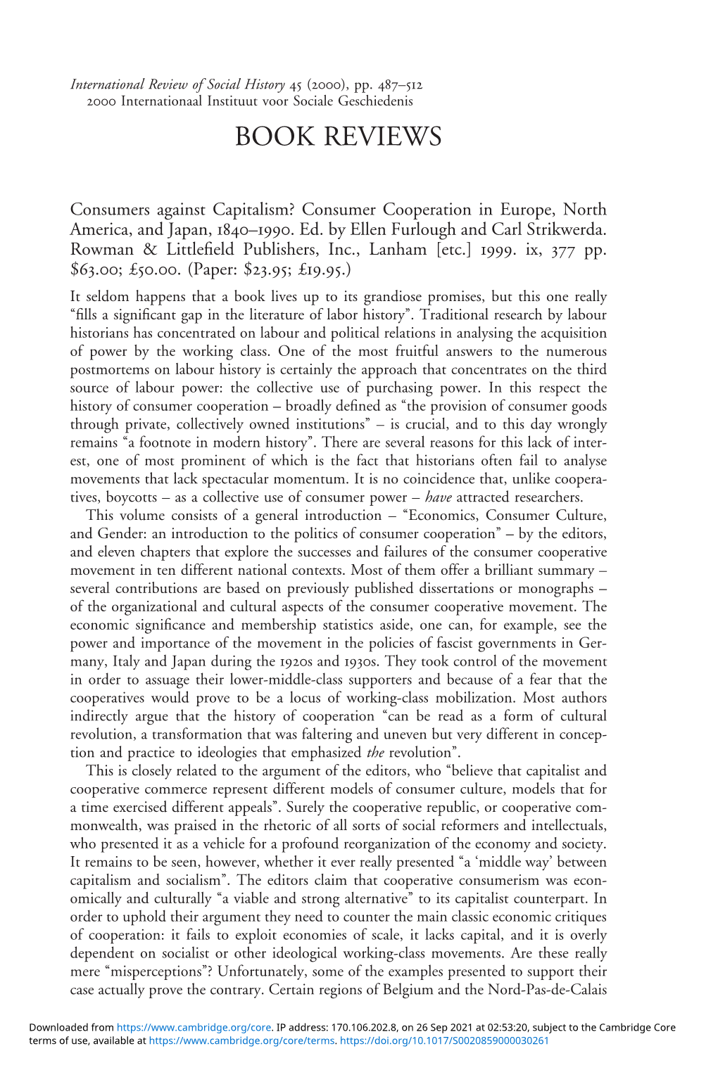 Consumers Against Capitalism? Consumer Cooperation in Europe, North America, and Japan, 1840–1990