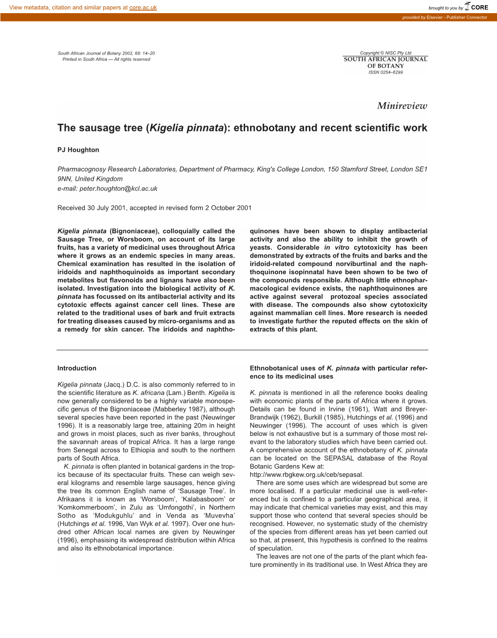 The Sausage Tree (Kigelia Pinnata): Ethnobotany and Recent Scientific Work