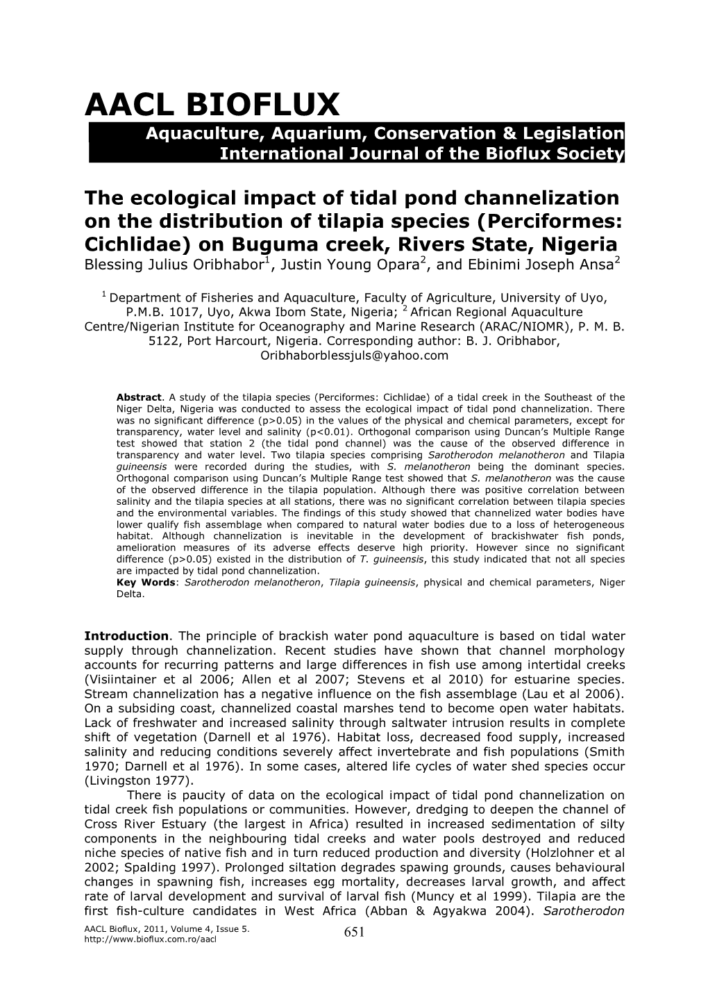 The Ecological Impact of Tidal Pond Channelization on the Distribution of Tilapia Species