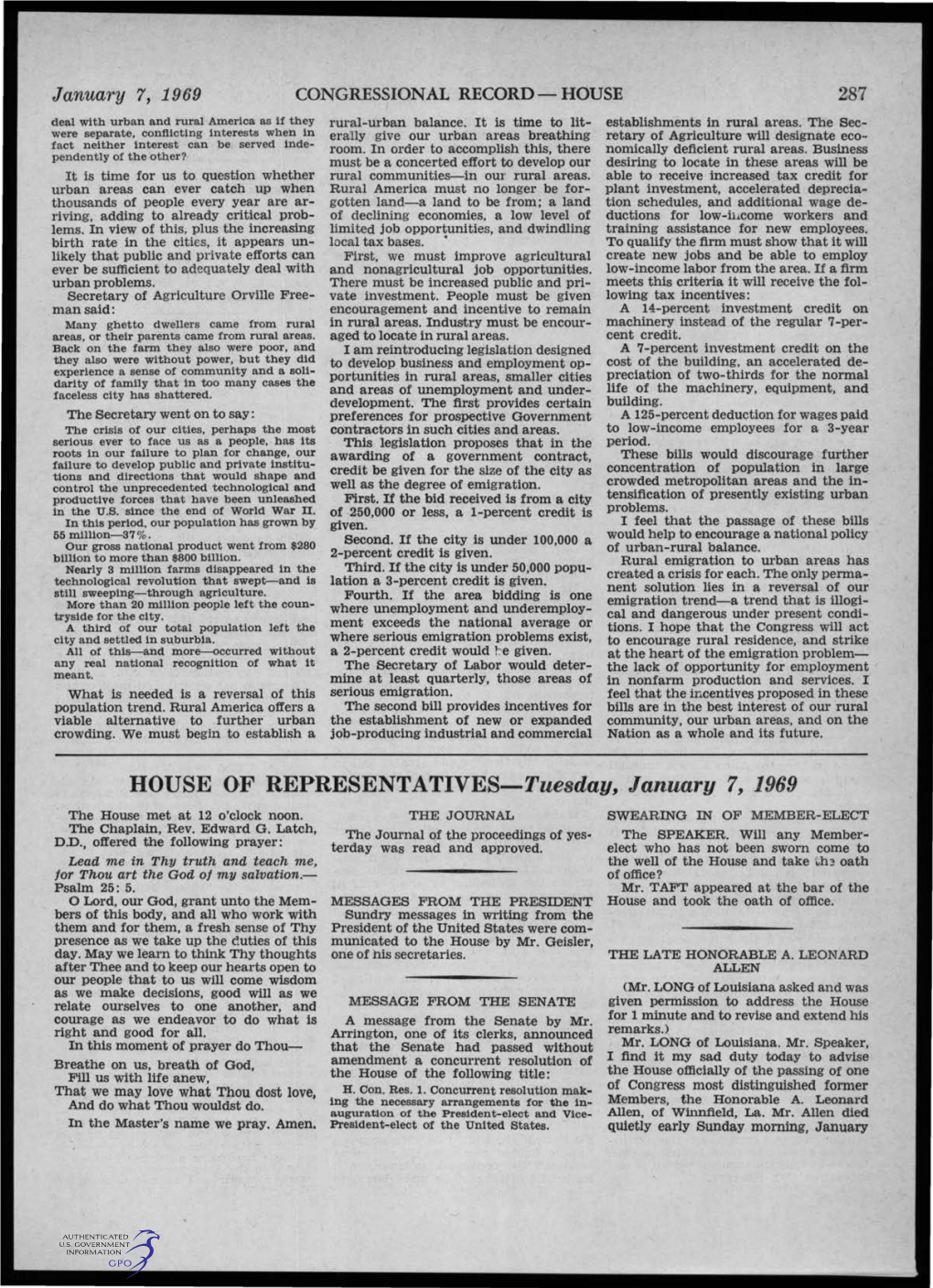 HOUSE of REPRESENTATIVES-Tuesday, January 7, 1969 the House Met at 12 O'clock Noon