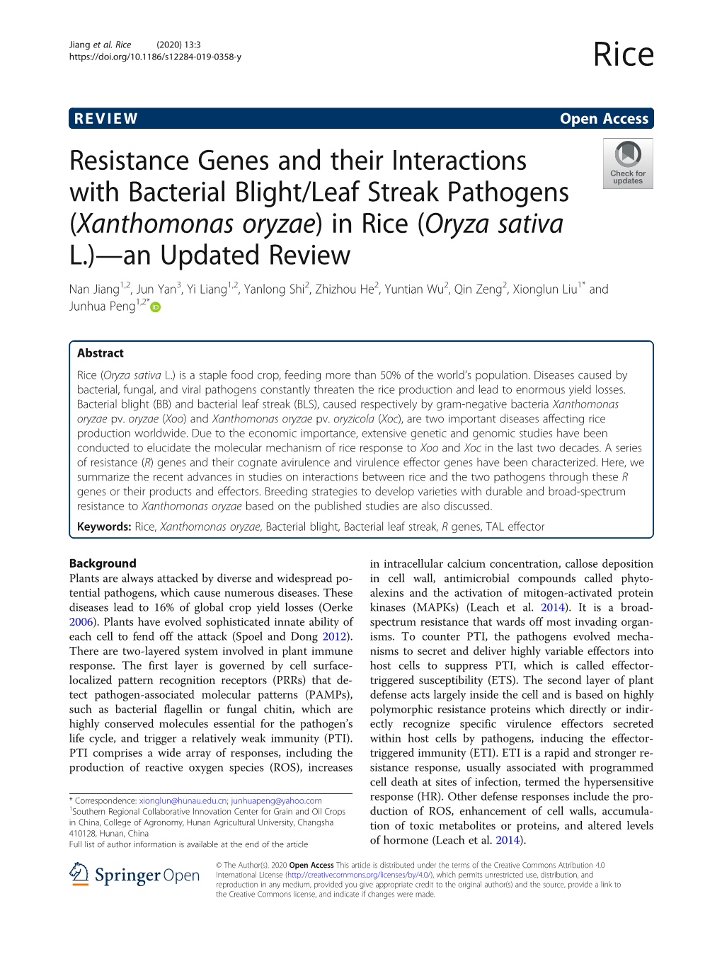 Resistance Genes and Their Interactions with Bacterial Blight/Leaf Streak Pathogens (Xanthomonas Oryzae) in Rice (Oryza Sativa L.)—An Updated Review
