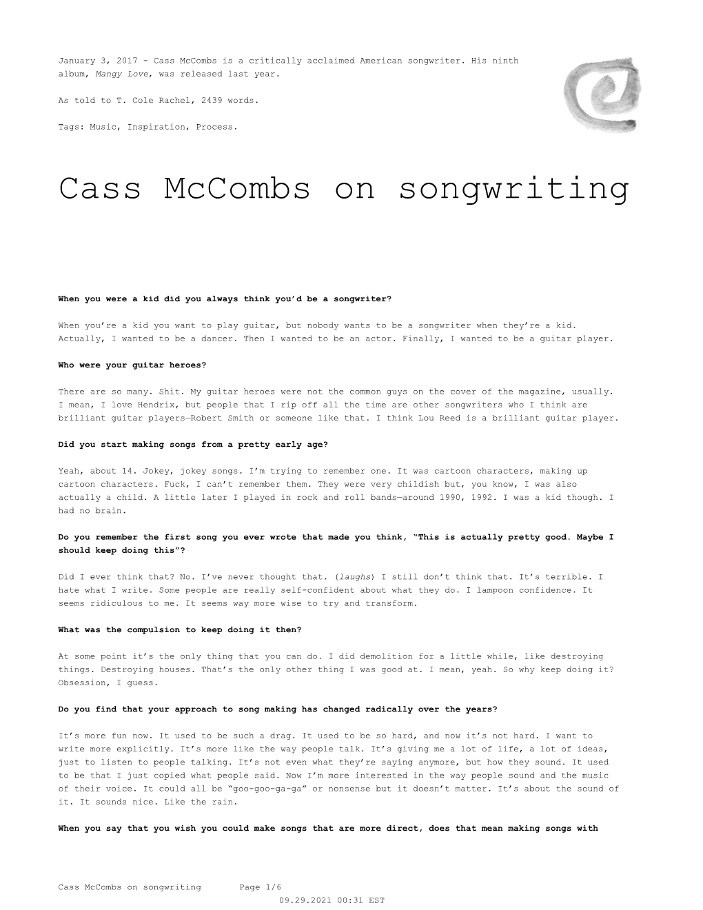 Cass Mccombs on Songwriting