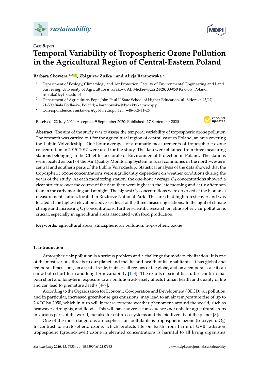 Temporal Variability of Tropospheric Ozone Pollution in the Agricultural Region of Central-Eastern Poland