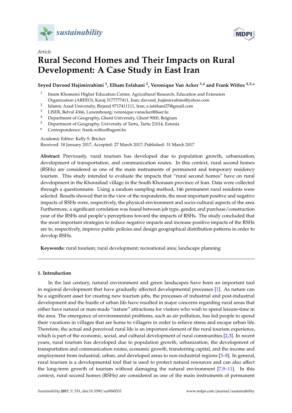 Rural Second Homes and Their Impacts on Rural Development: a Case Study in East Iran