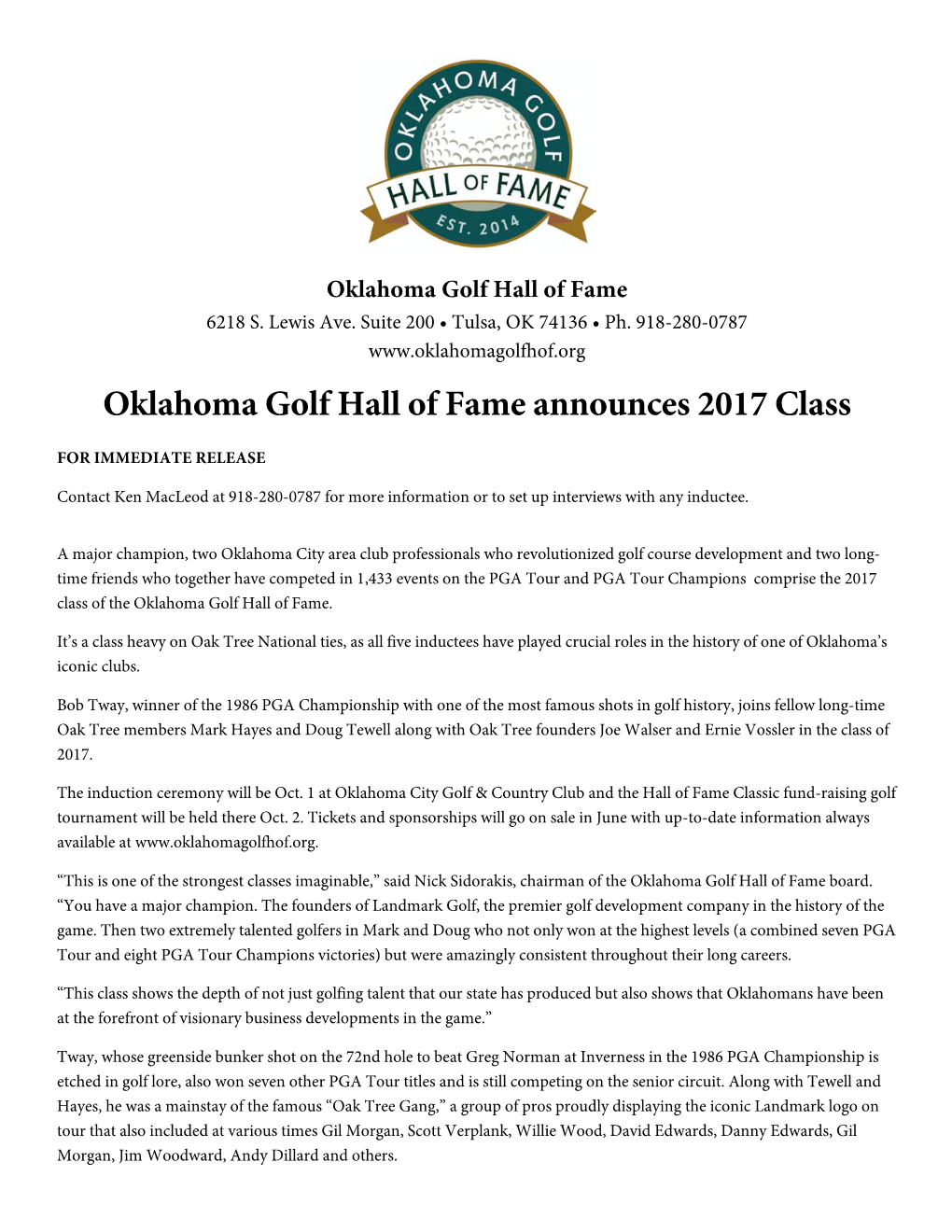 Oklahoma Golf Hall 0F Fame Announces 2017 Class