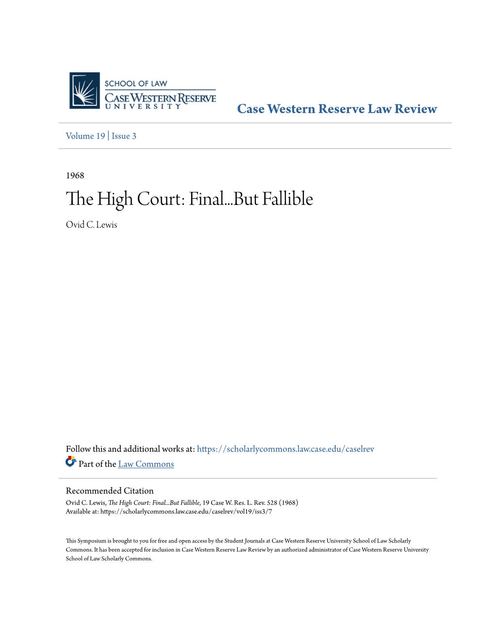 The High Court: Final...But Fallible, 19 Case W