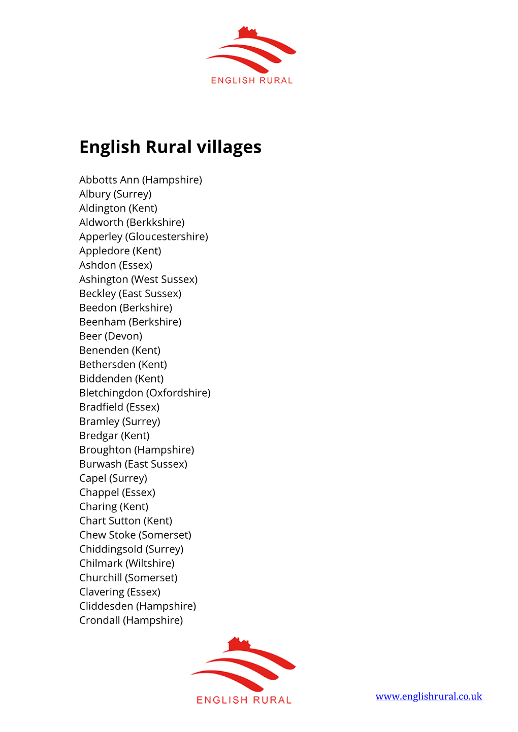 English Rural List of Villages