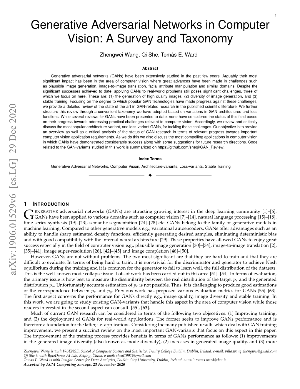 Generative Adversarial Networks in Computer Vision: a Survey and Taxonomy