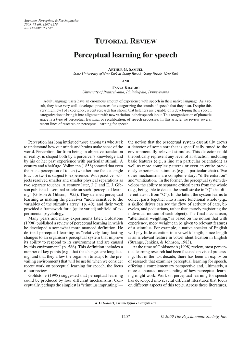 TUTORIAL REVIEW Perceptual Learning for Speech