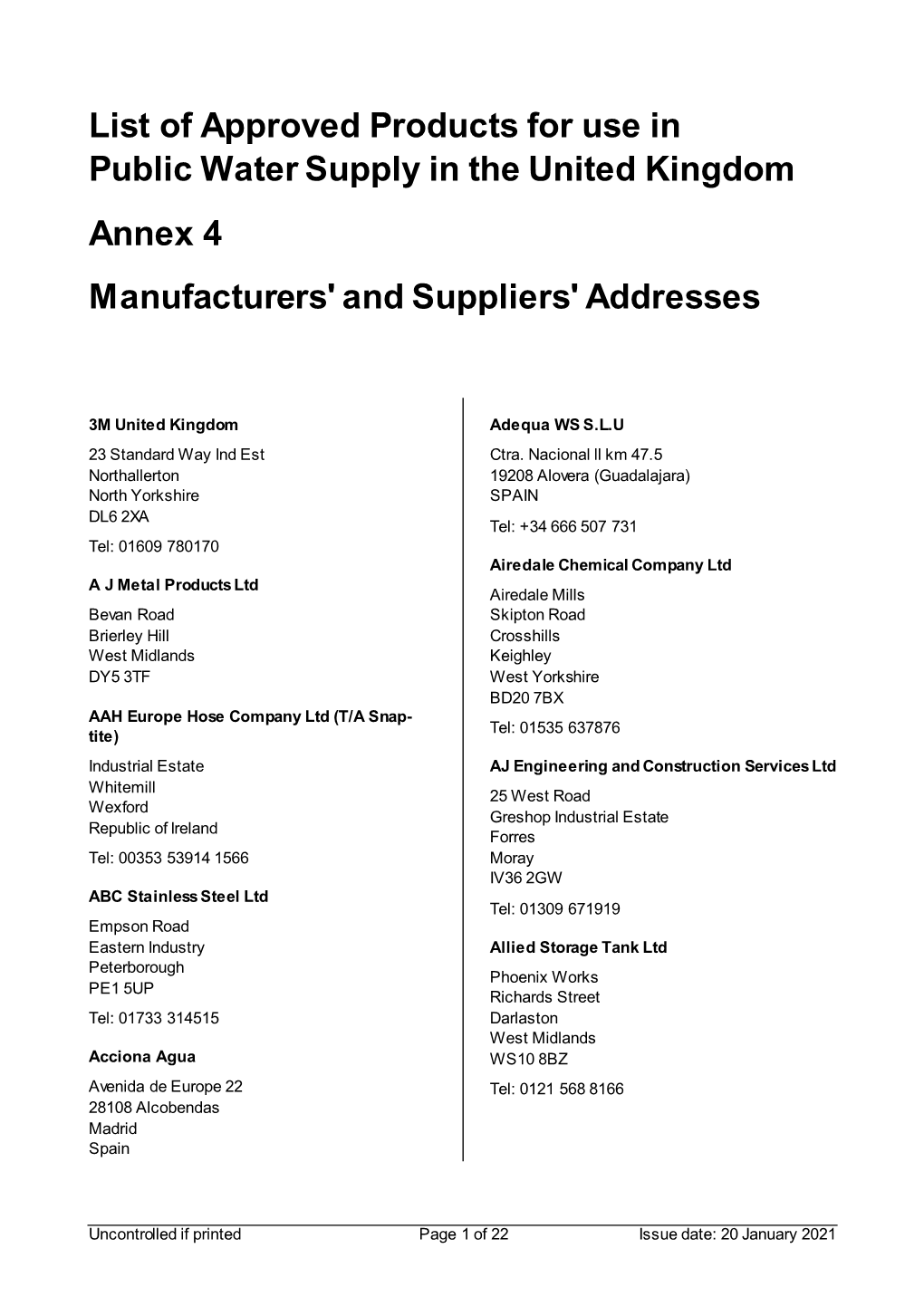 List of Approved Products for Use in Public Water Supply in the United Kingdom Annex 4 Manufacturers' and Suppliers' Addresses