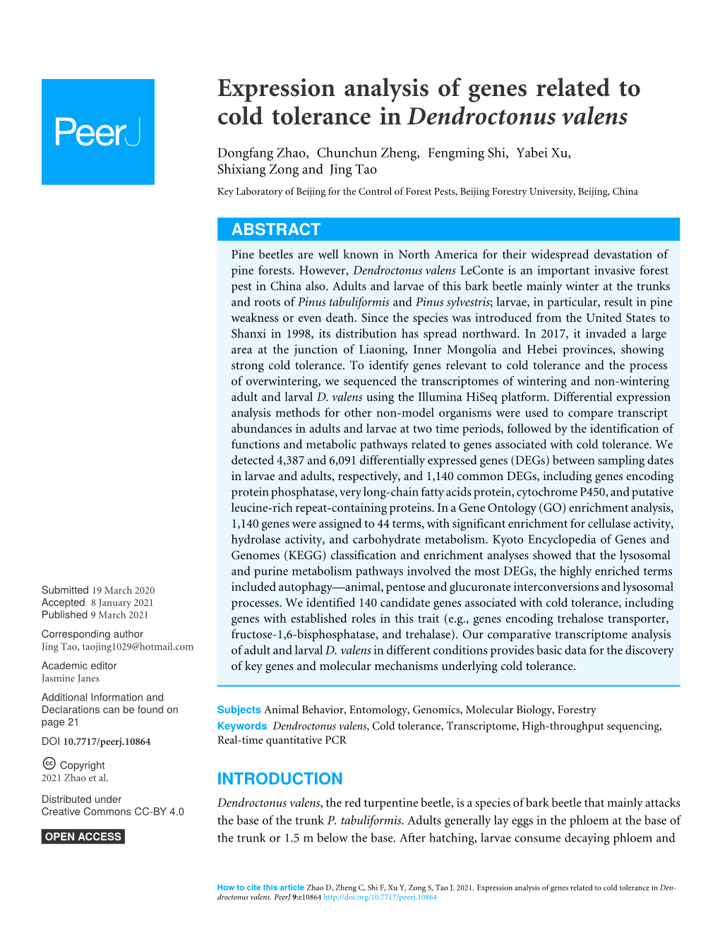 Expression Analysis of Genes Related to Cold Tolerance in Dendroctonus Valens