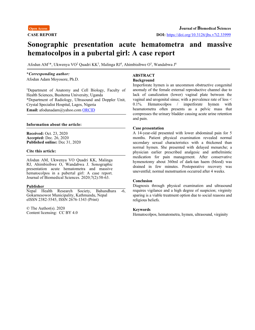 Sonographic Presentation Acute Hematometra and Massive Hematocolpos in a Pubertal Girl: a Case Report