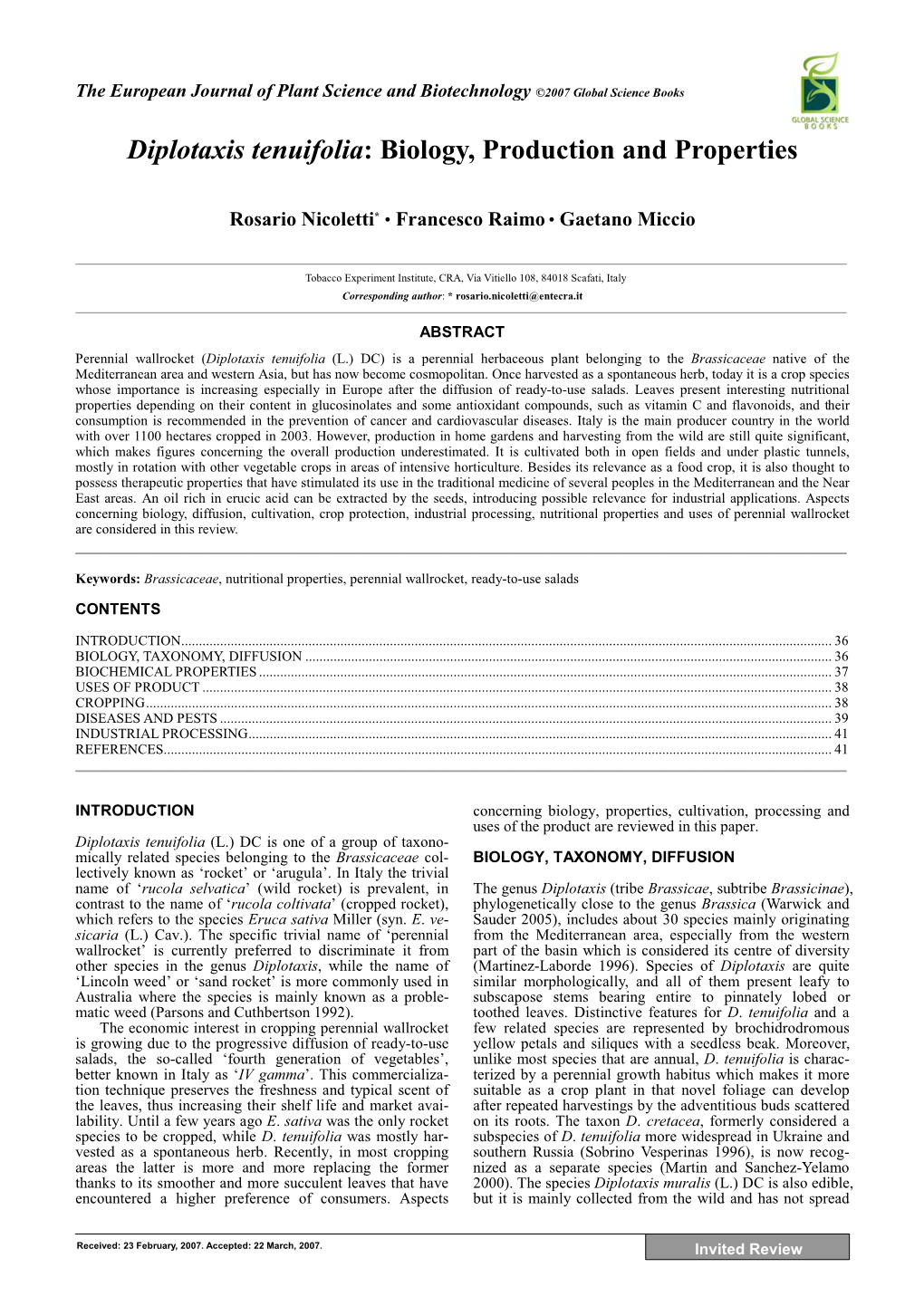 Diplotaxis Tenuifolia: Biology, Production and Properties