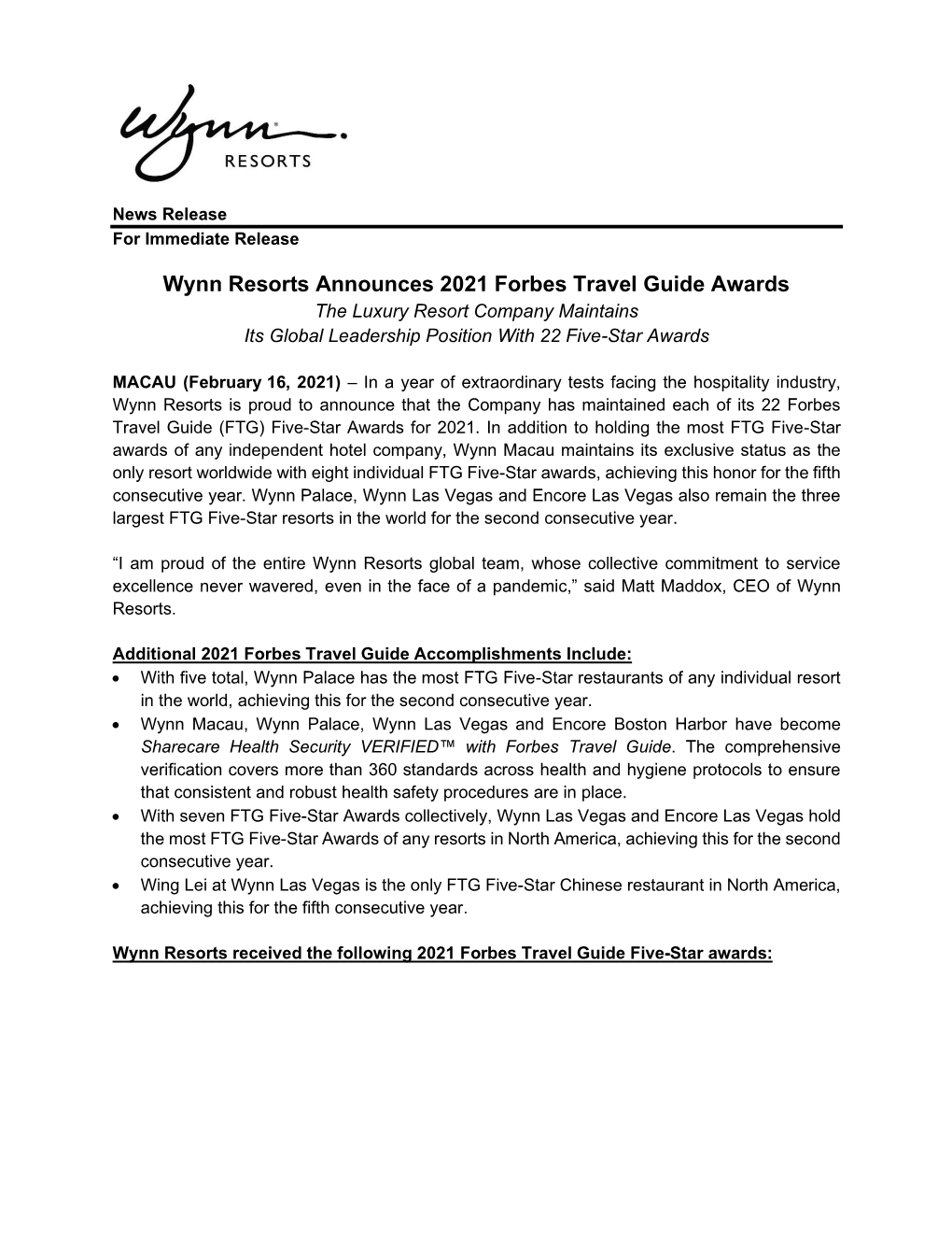 Wynn Resorts Announces 2021 Forbes Travel Guide Awards the Luxury Resort Company Maintains Its Global Leadership Position with 22 Five-Star Awards