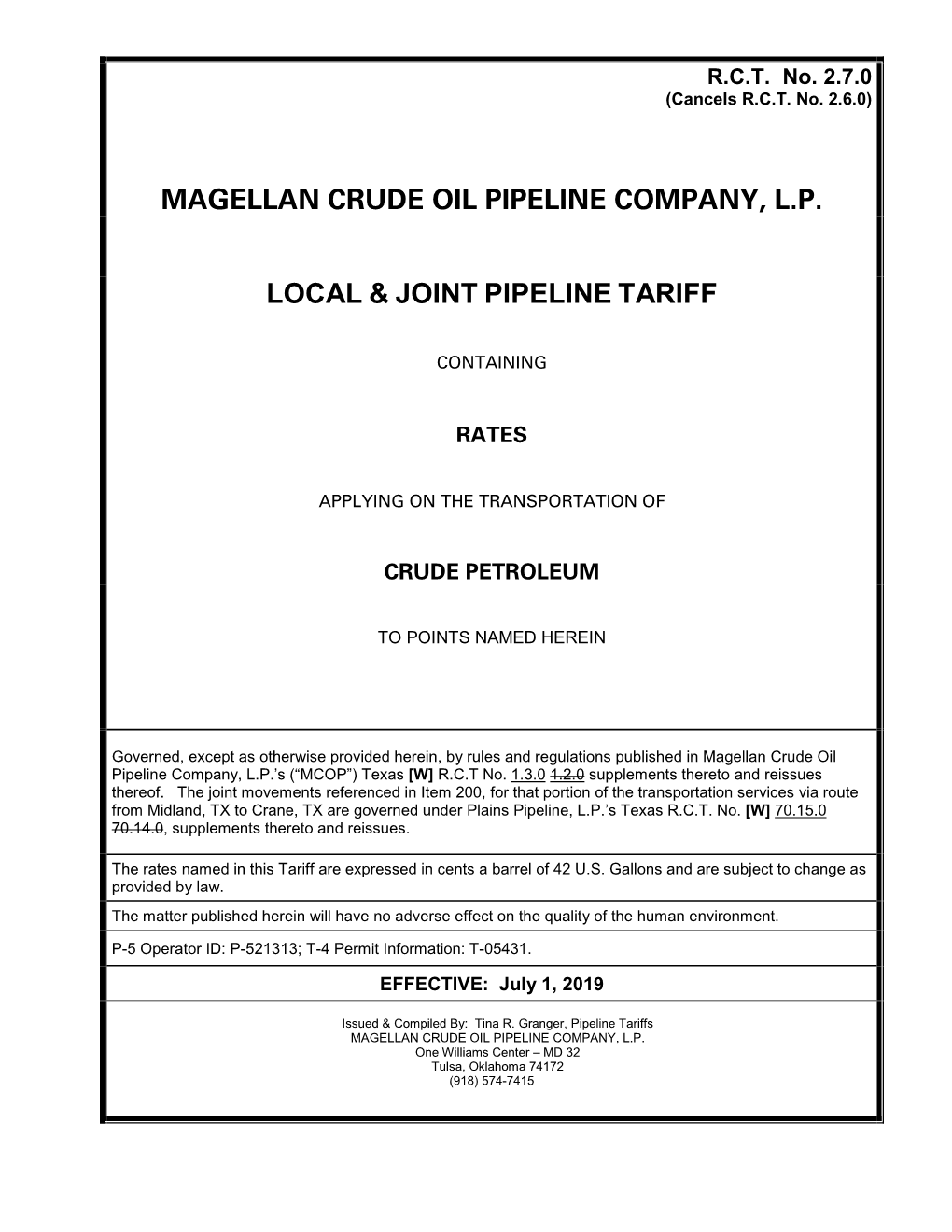 Magellan Crude Oil Pipeline Company, L.P. Local & Joint