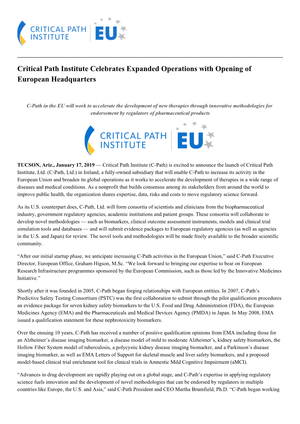 Critical Path Institute Celebrates Expanded Operations with Opening of European Headquarters