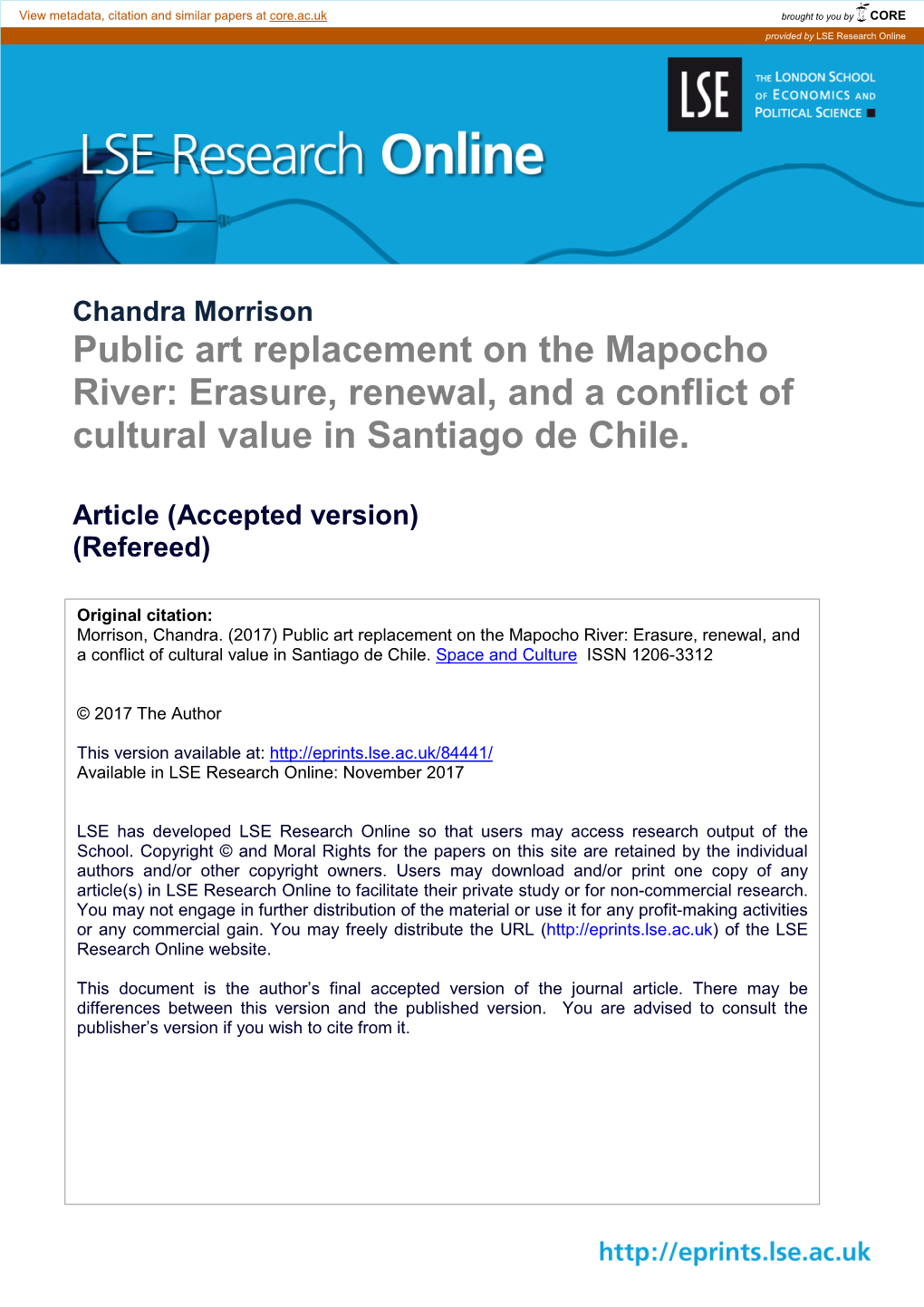 Public Art Replacement on the Mapocho River: Erasure, Renewal, and a Conflict of Cultural Value in Santiago De Chile