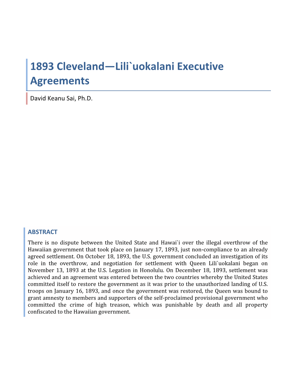 1893 Cleveland—Lili`Uokalani Executive Agreements