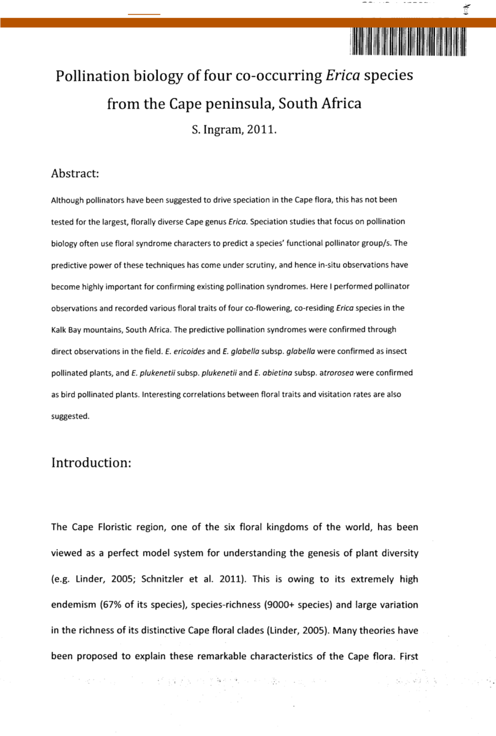 Pollination Biology of Four Co-Occuring Erica Species from the Cape