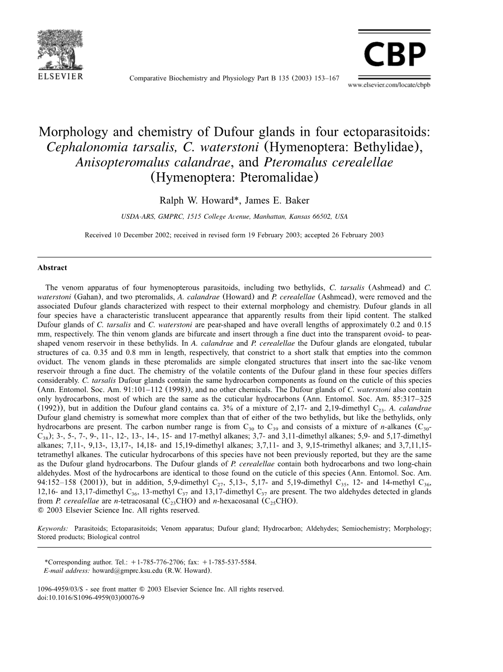 Morphology and Chemistry of Dufour Glands in Four Ectoparasitoids: Cephalonomia Tarsalis, C