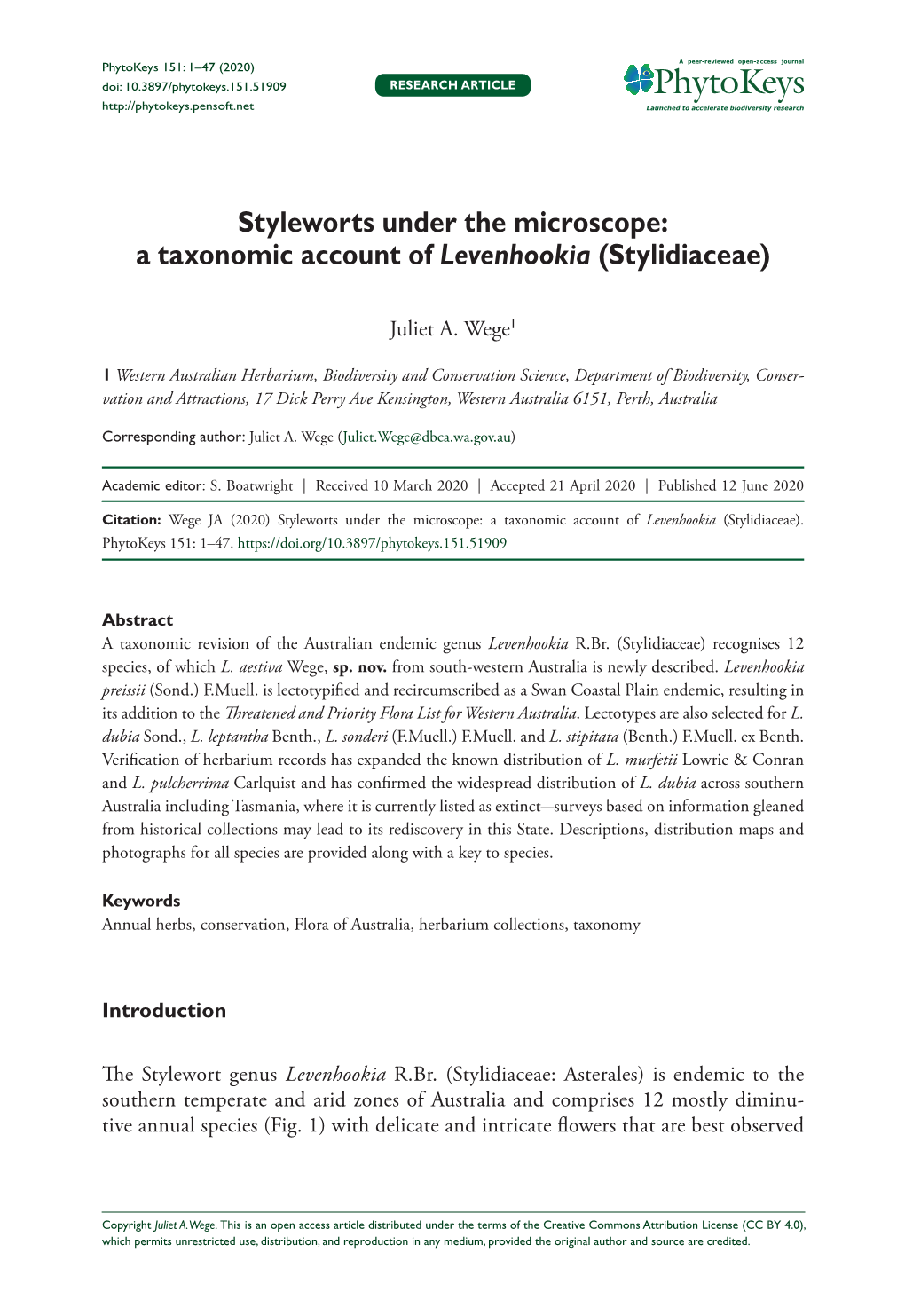 A Taxonomic Account of Levenhookia (Stylidiaceae)