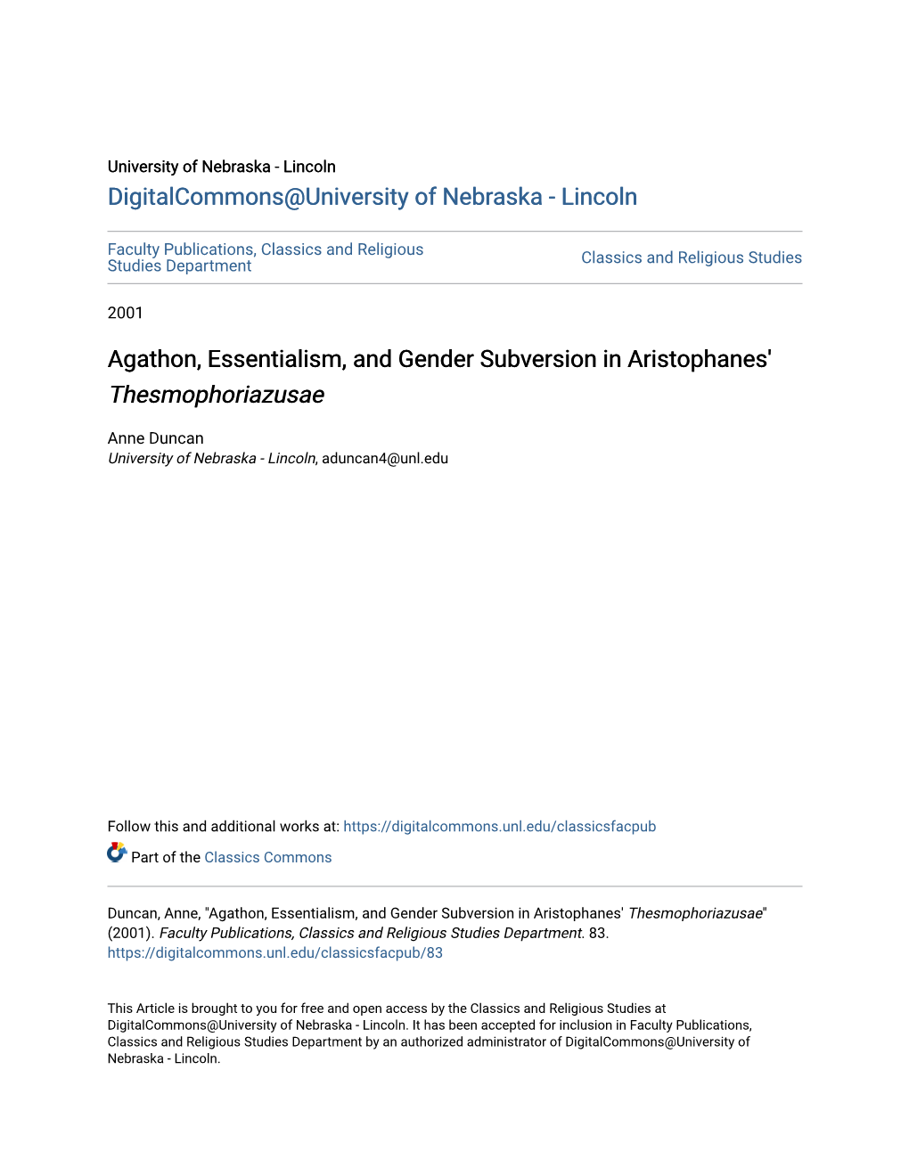 Agathon, Essentialism, and Gender Subversion in Aristophanes' Thesmophoriazusae