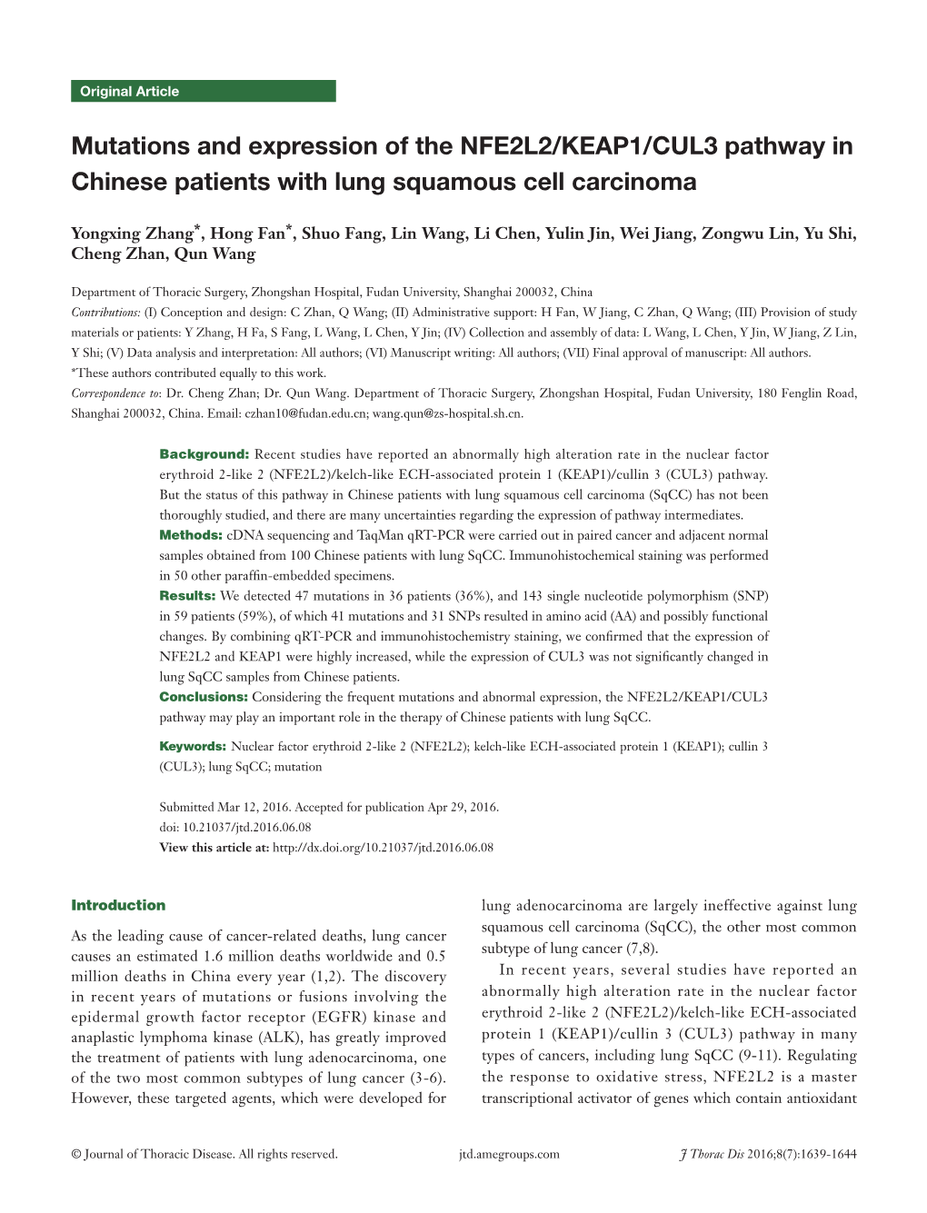 Mutations and Expression of the NFE2L2/KEAP1/CUL3 Pathway in Chinese Patients with Lung Squamous Cell Carcinoma