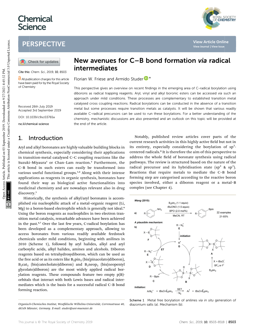 New Avenues for C–B Bond Formation Via Radical Intermediates Cite This: Chem