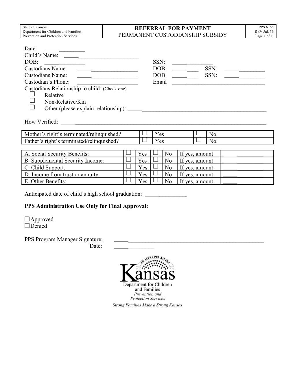 Referral for Payment Permanent Custodianship Subsidy