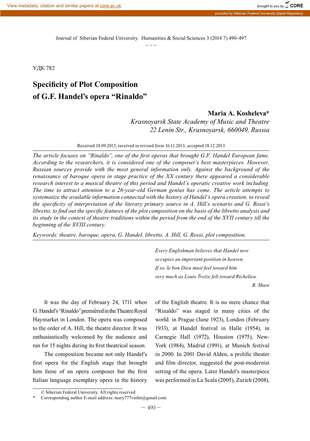 Specificity of Plot Composition of G.F. Handel's Opera “Rinaldo”