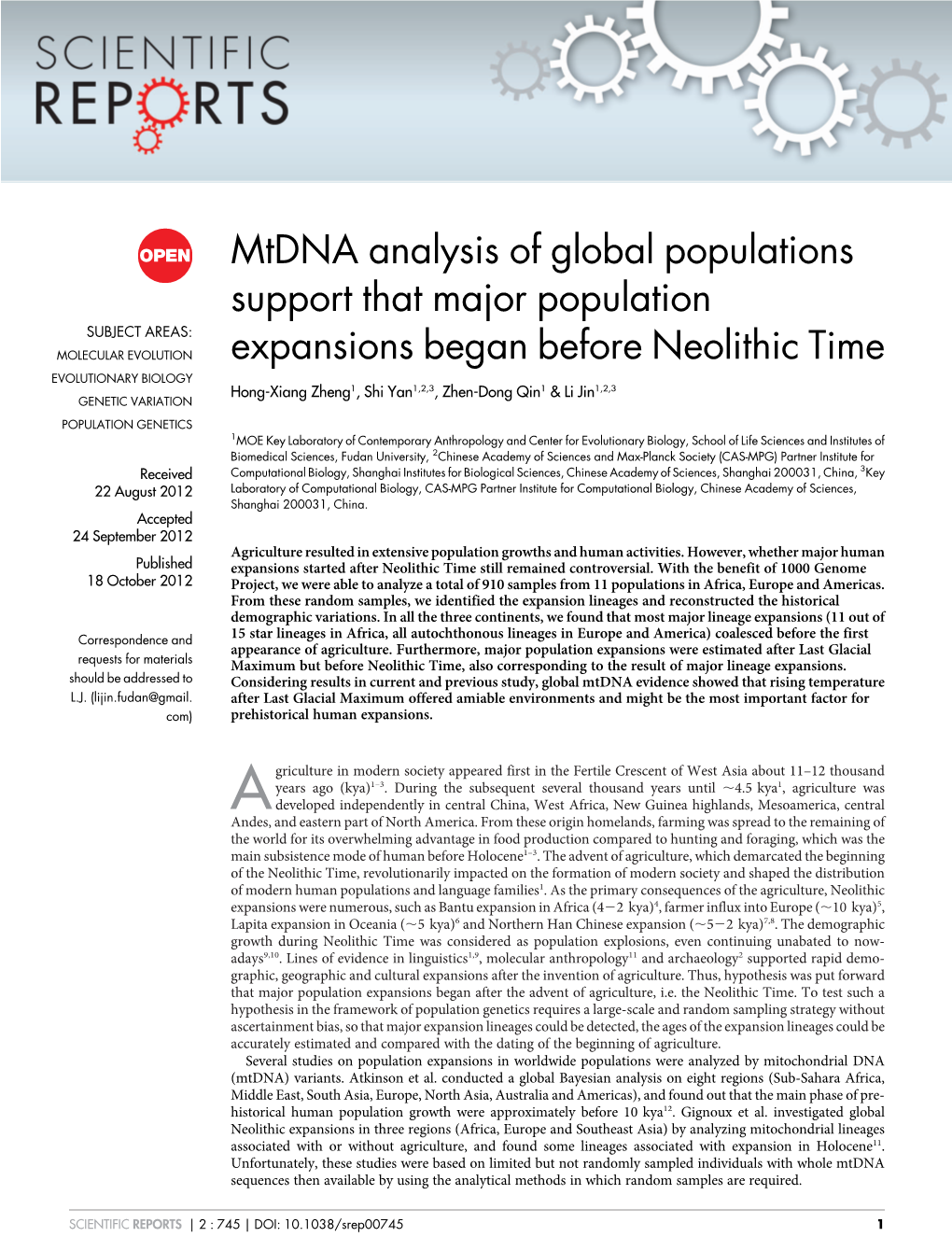 Mtdna Analysis of Global Populations Support That Major Population Expansions Began Before Neolithic Time