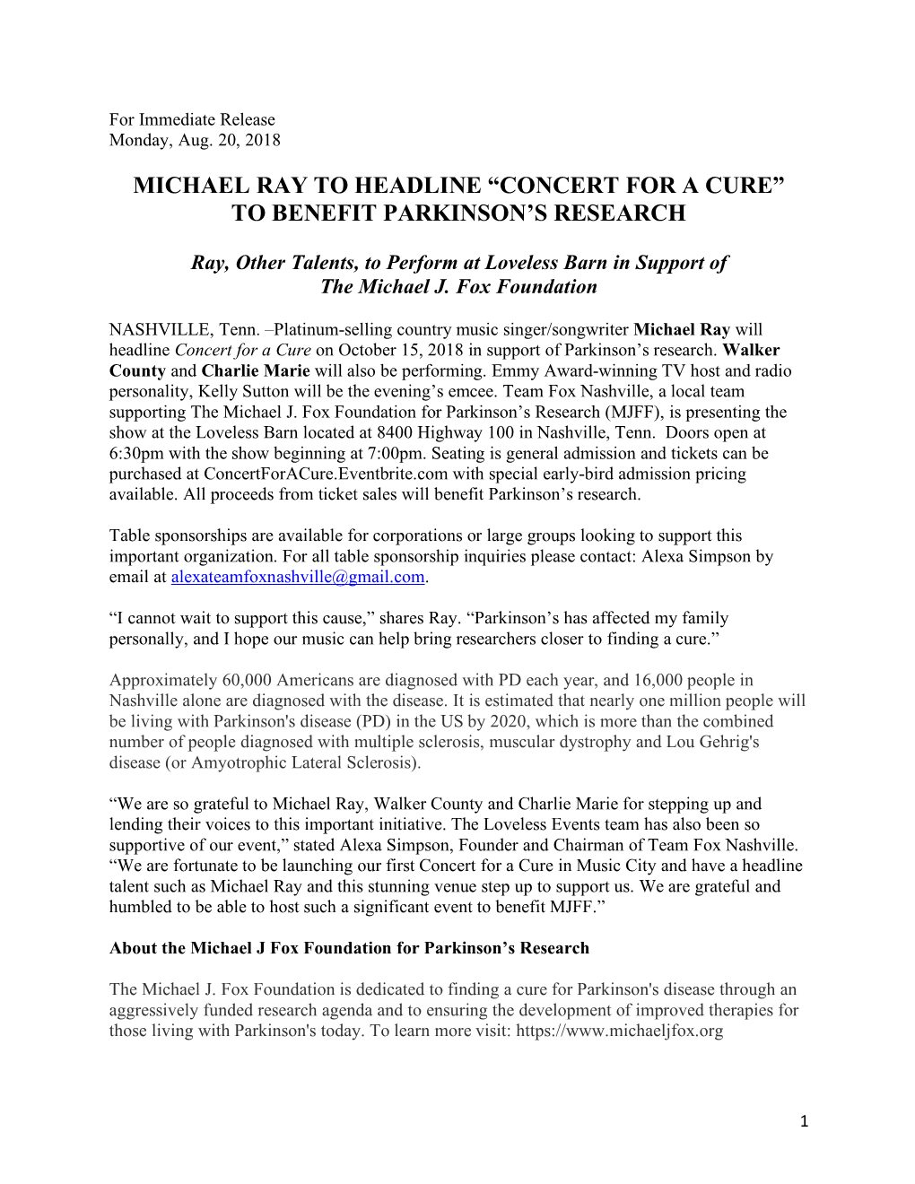 Michael Ray to Headline “Concert for a Cure” to Benefit Parkinson’S Research