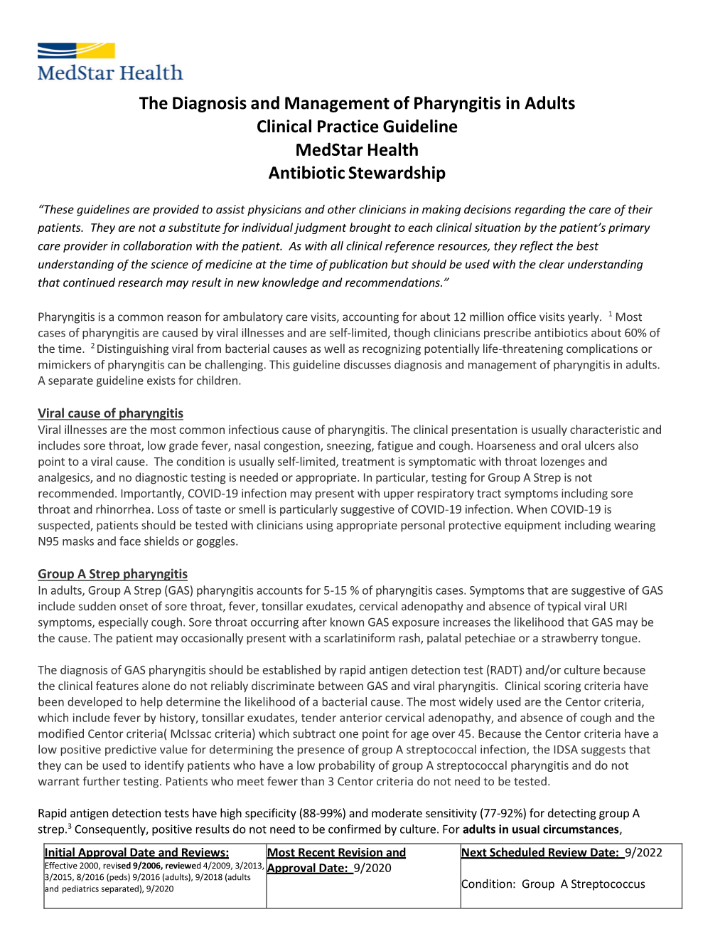 The Diagnosis and Management of Pharyngitis in Adults Clinical Practice Guideline Medstar Health Antibiotic Stewardship