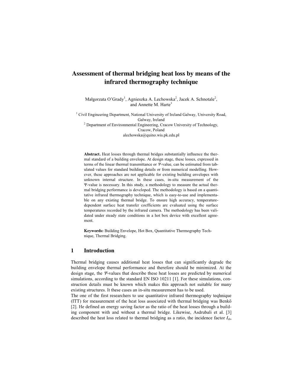 Assessment of Thermal Bridging Heat Loss by Means of the Infrared Thermography Technique