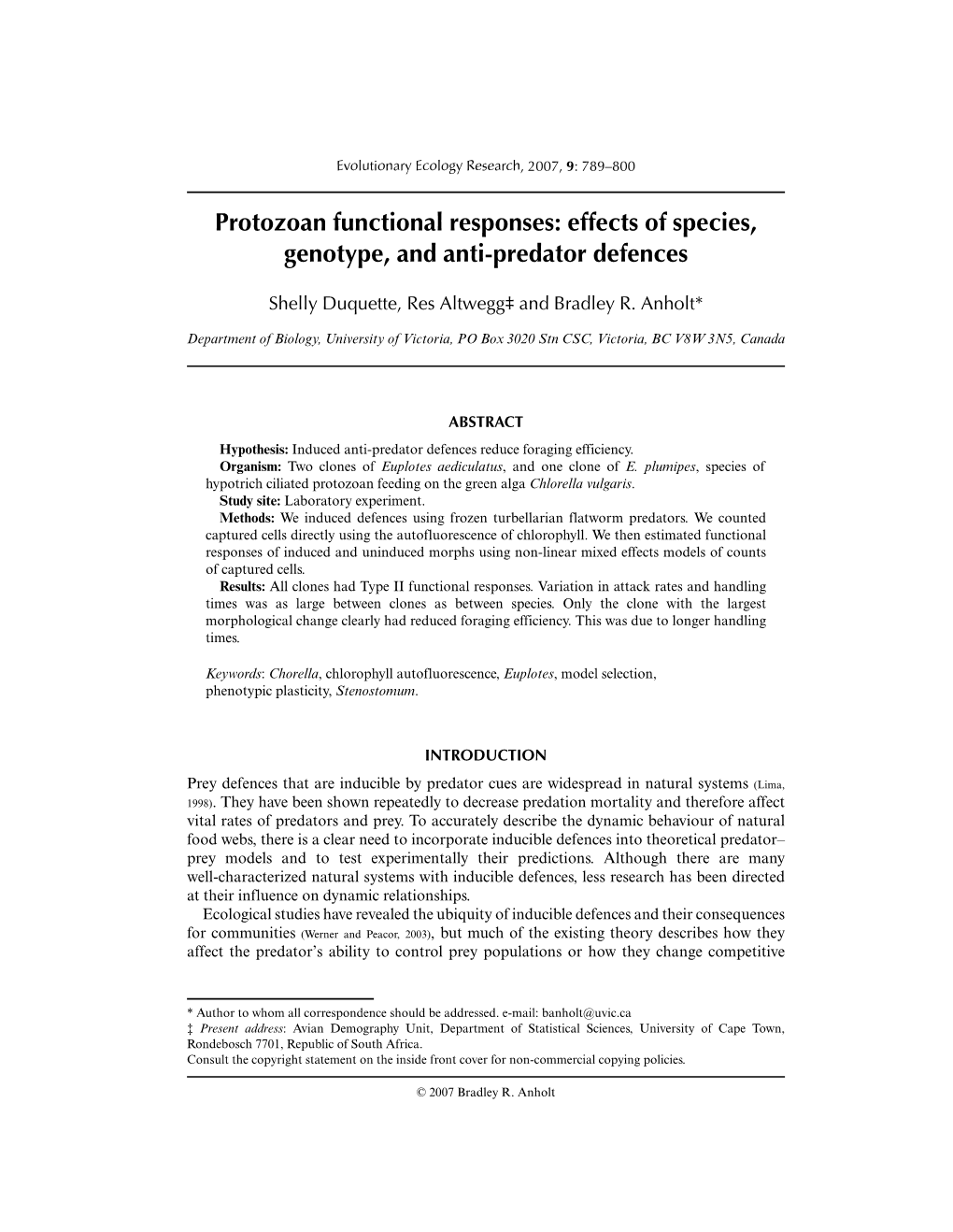 Effects of Species, Genotype, and Anti-Predator Defences