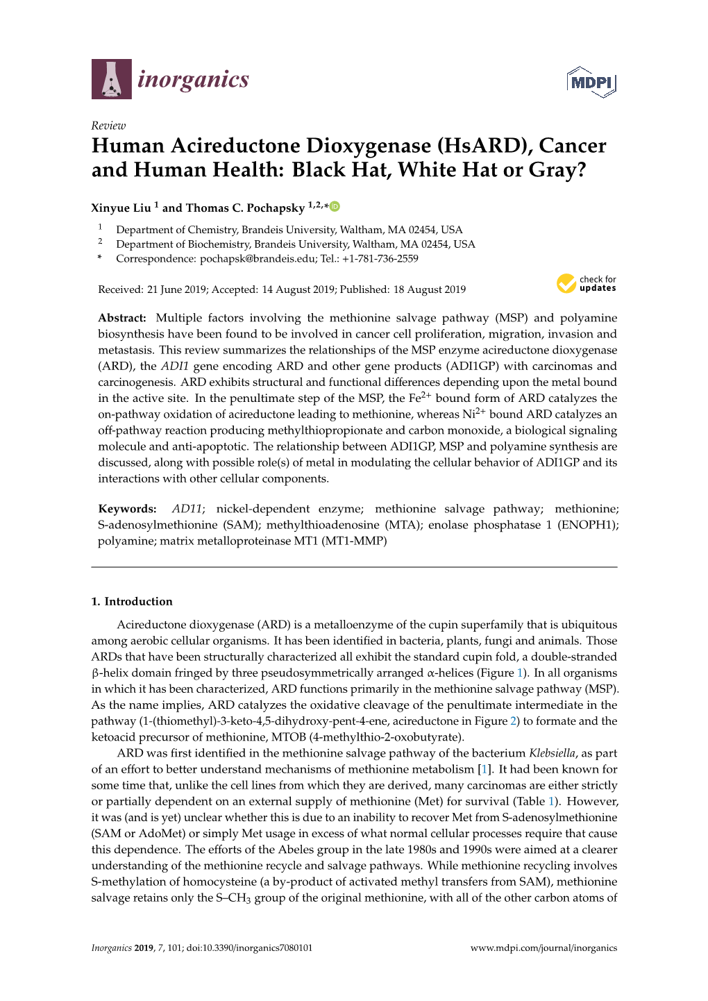 Human Acireductone Dioxygenase (Hsard), Cancer and Human Health: Black Hat, White Hat Or Gray?