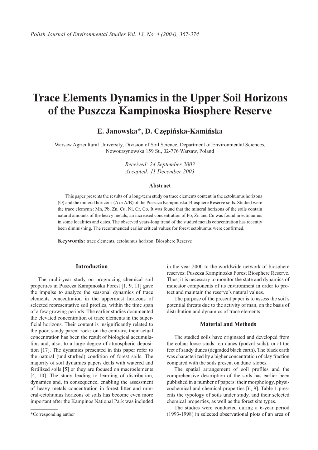 Trace Elements Dynamics in the Upper Soil Horizons of the Puszcza Kampinoska Biosphere Reserve