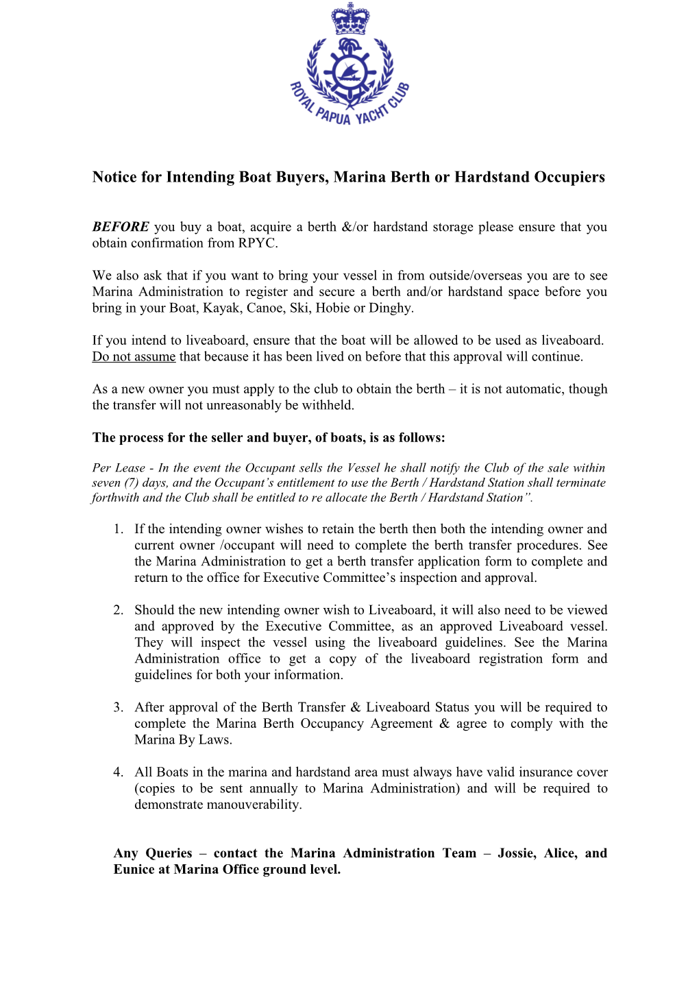 Notice for Intending Boat Buyers, Marina Berth Or Hardstand Occupiers