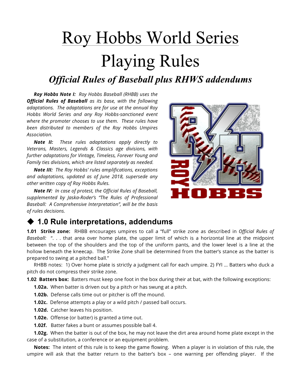 Roy Hobbs World Series Playing Rules Official Rules of Baseball Plus RHWS Addendums