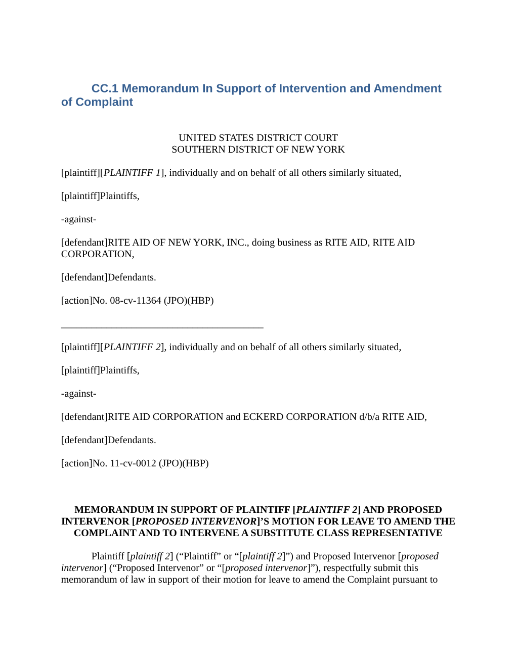 CC.1 Memorandum in Support of Intervention and Amendment of Complaint