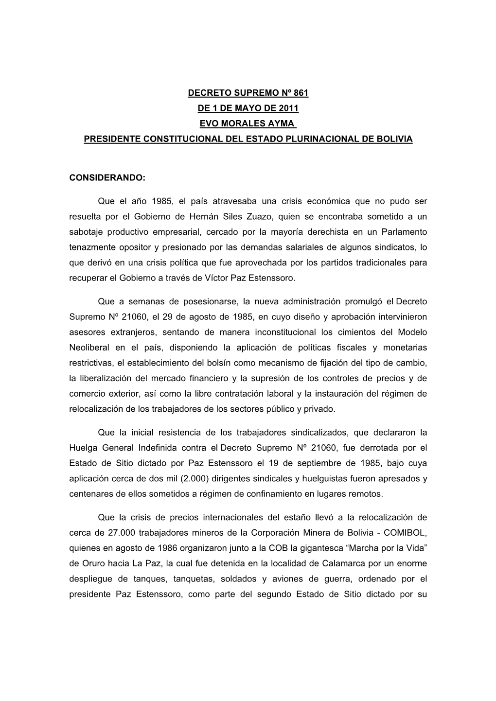 Decreto Supremo Nº 861 De 1 De Mayo De 2011 Evo Morales Ayma Presidente Constitucional Del Estado Plurinacional De Bolivia