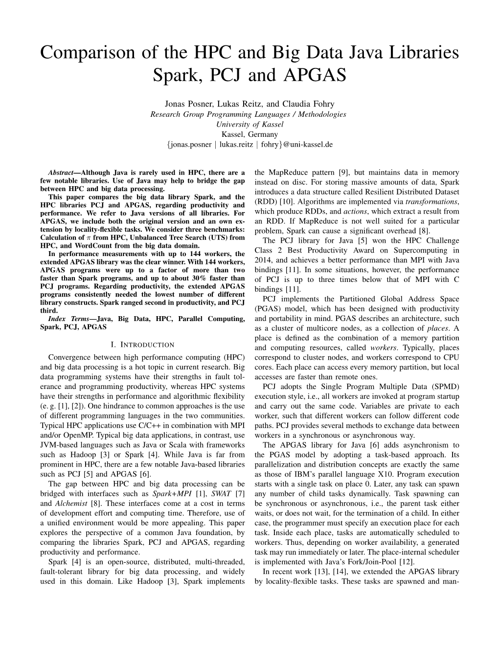 Comparison of the HPC and Big Data Java Libraries Spark, PCJ and APGAS